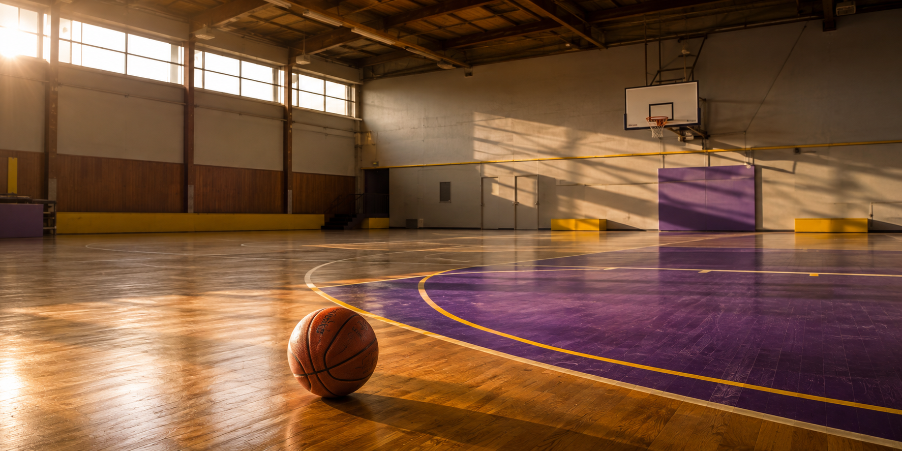 Terrain de basketball vide baigné de lumière